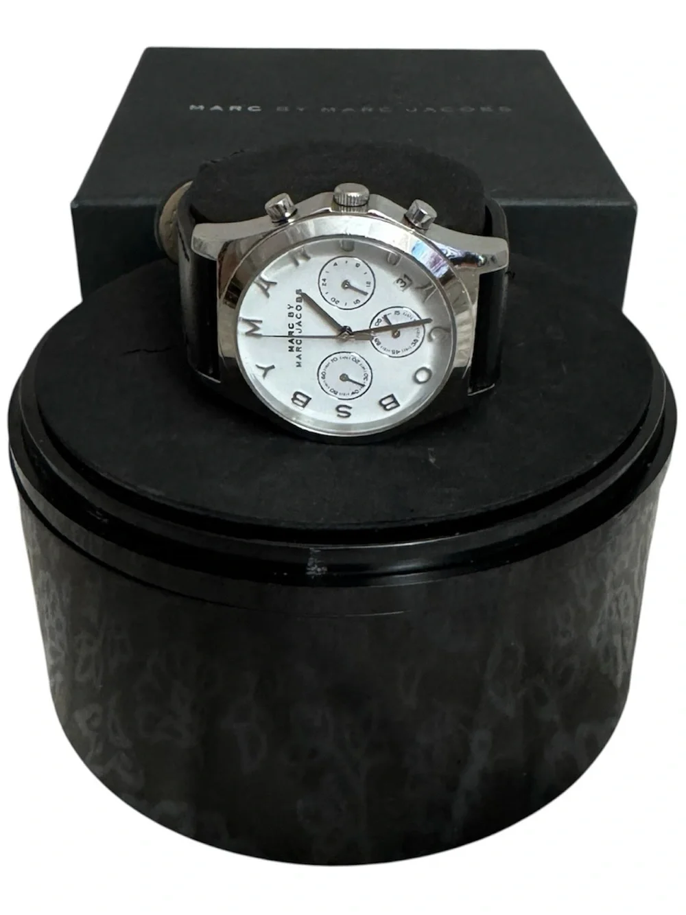 Marc By Marc Jacobs Black Leather Strap Silver Dial Chronograph Watch with Box
